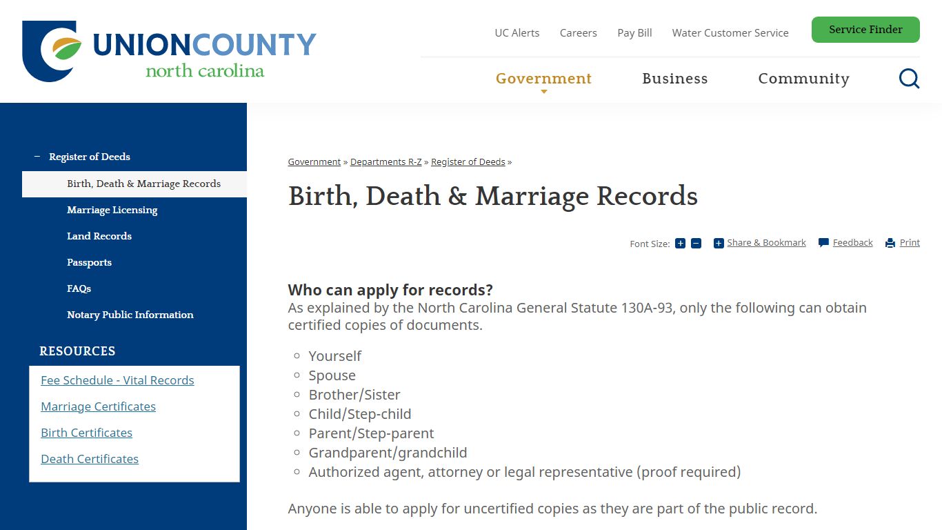 Birth, Death & Marriage Records | Union County, NC